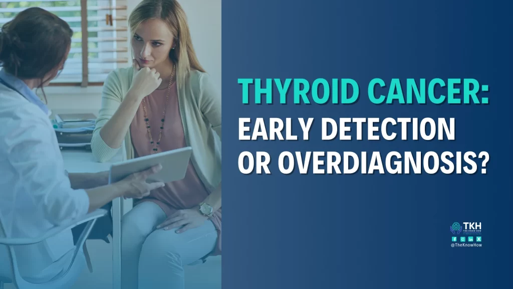 A doctor examining a patient for thyroid cancer to emphasize early detection and overdiagnosis concerns.