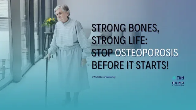World Osteoporosis Day - Woman walking with cane representing bone health awareness